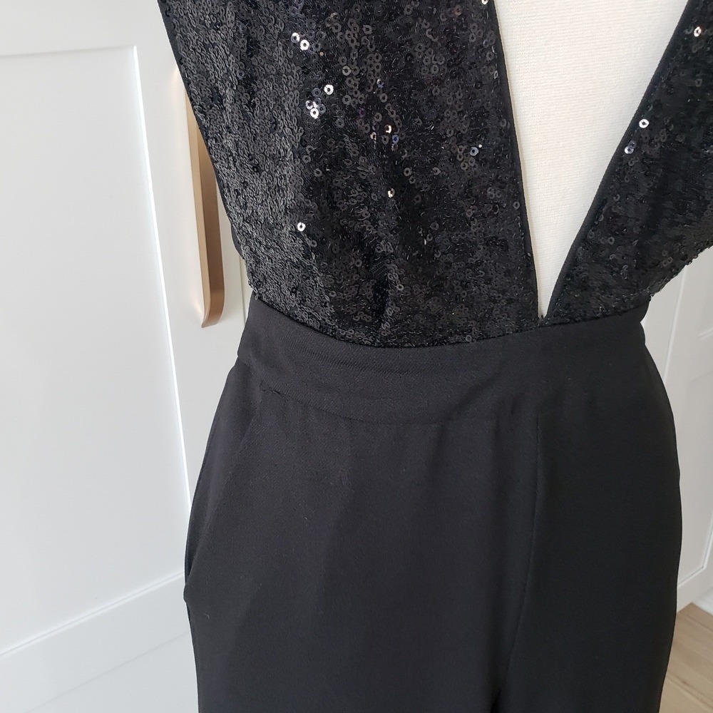 Lulus Jumpsuit Womens XS Black Deep V Sequin Bodice Wide Leg Disco Heaven - Picture 6 of 12